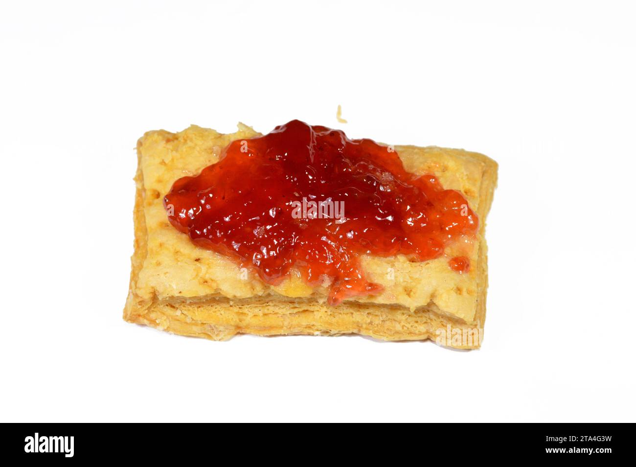 mille-feuille, millefeuille, Napoleon, vanilla and custard slice topped and covered with strawberry jam, a French dessert made of puff pastry layered Stock Photo