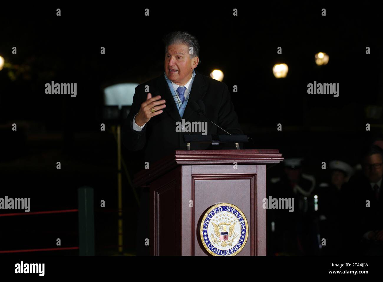 Washington, DC, USA. 28 Nov 2023. U.S. Sen. Joe Manchin III (D-WV) speaks at the lighting of the Capitol Christmas Tree. Credit: Philip Yabut/Alamy Live News Stock Photo