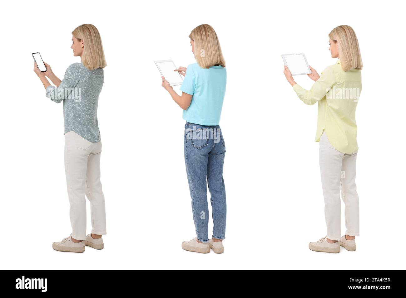 Using Different Device Woman using different devices on white background, set of photos Stock ...