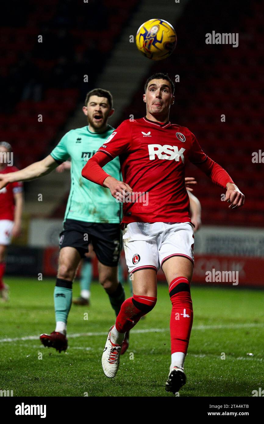 Lloyd Jones of Charlton Athletic on the ball during the Sky Bet League 1 match between Charlton Athletic and Cheltenham Town at The Valley, London on Tuesday 28th November 2023. (Photo: Tom West | MI News) Credit: MI News & Sport /Alamy Live News Stock Photo