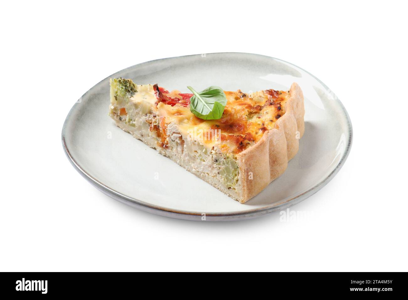 Tasty quiche with chicken, cheese, basil and vegetables isolated on white Stock Photo Alamy
