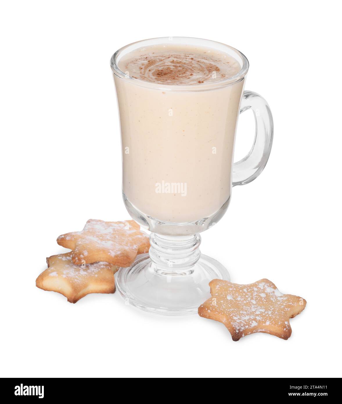 Delicious eggnog with cinnamon and cookies isolated on white Stock ...