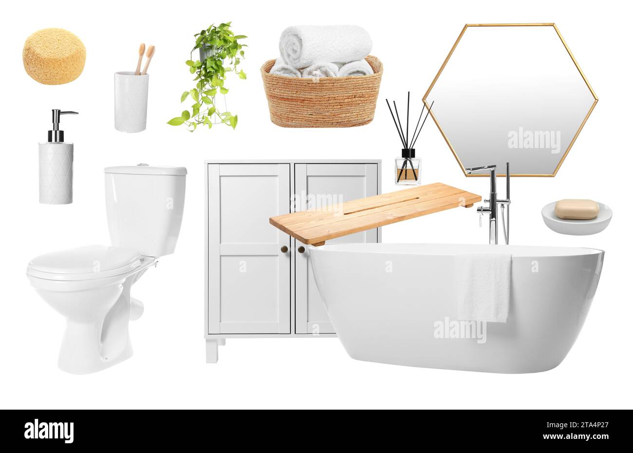 Mood board with bath tub, toilet, bathroom supplies and decorative elements on white background