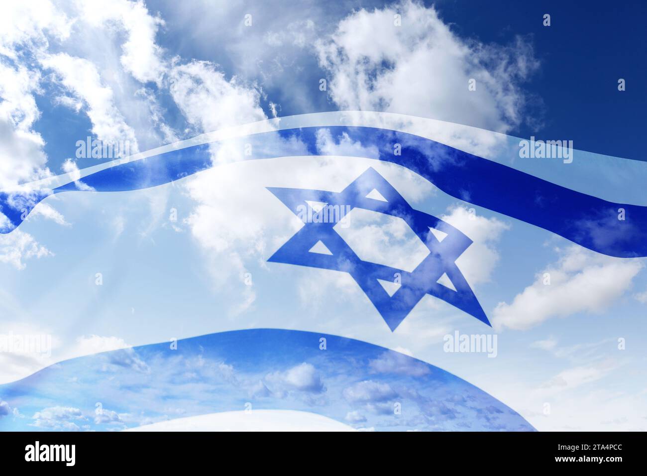 National flag of Israel and blue sky with clouds, double exposure Stock ...