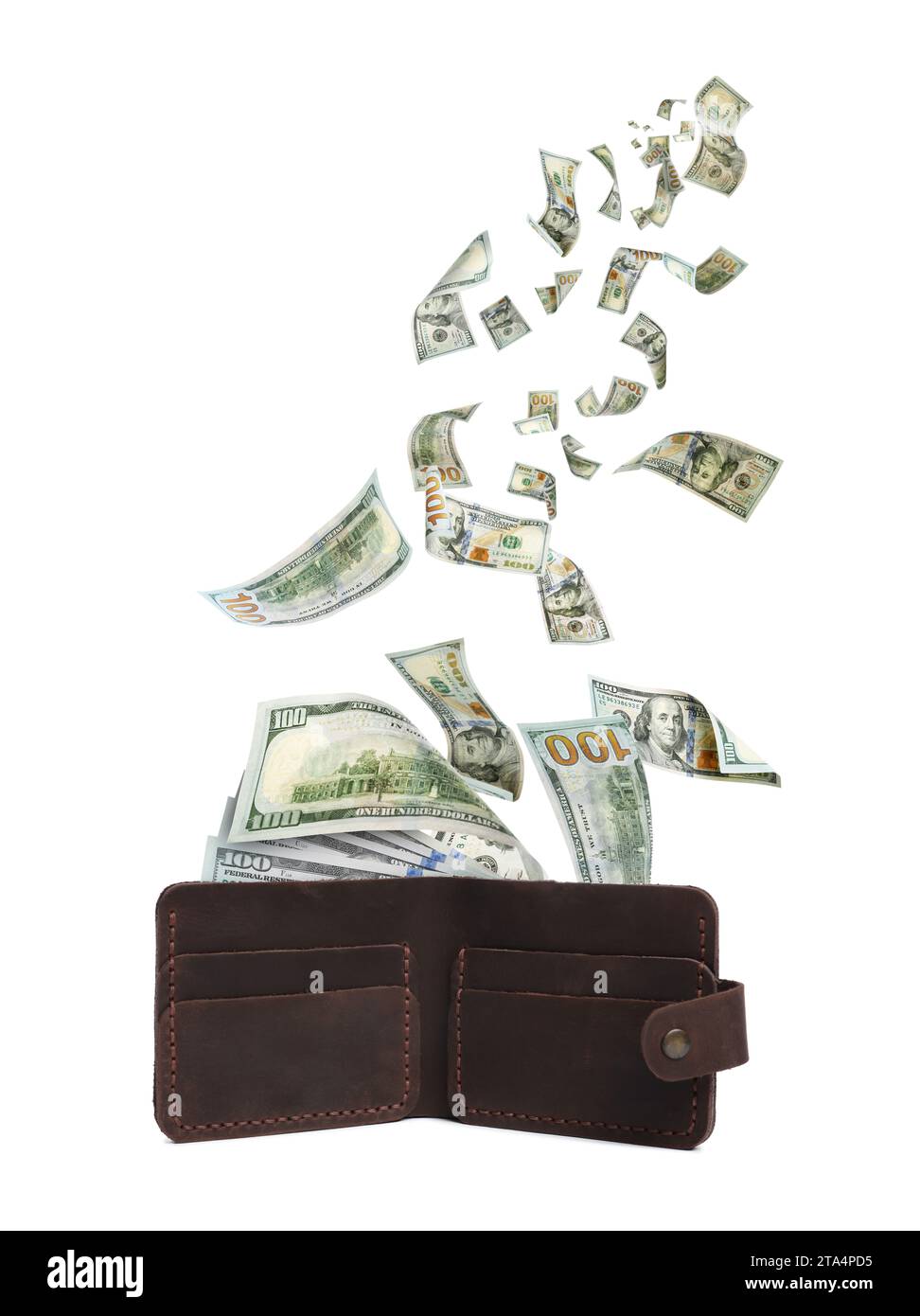 Dollar banknotes falling into purse on white background Stock Photo - Alamy