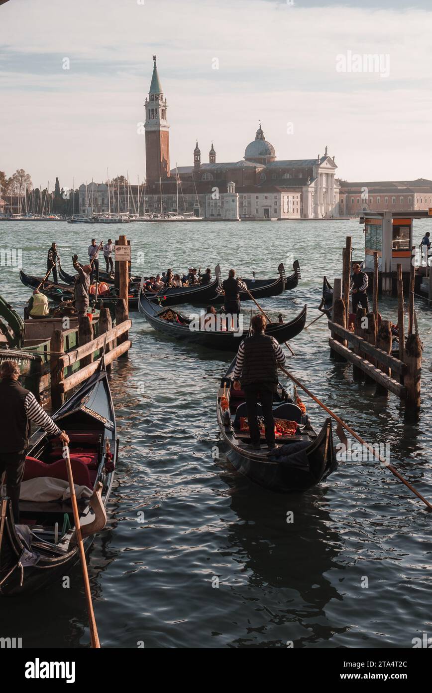 Iconic Gondolas on Water in Venice, Italy: Classic Black and White Scene Stock Photo