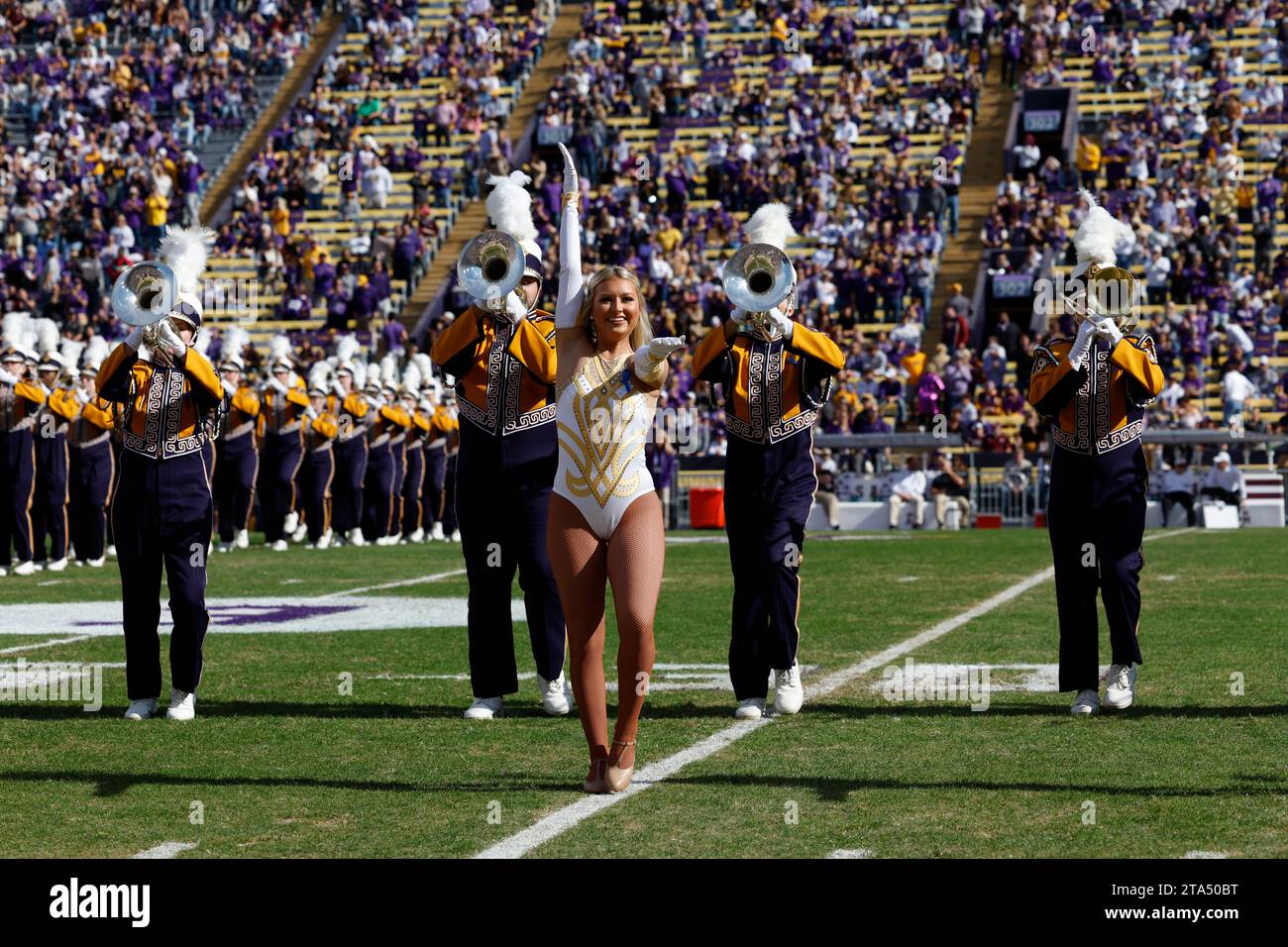 A LSU dance team member of the golden girls, along with the marching