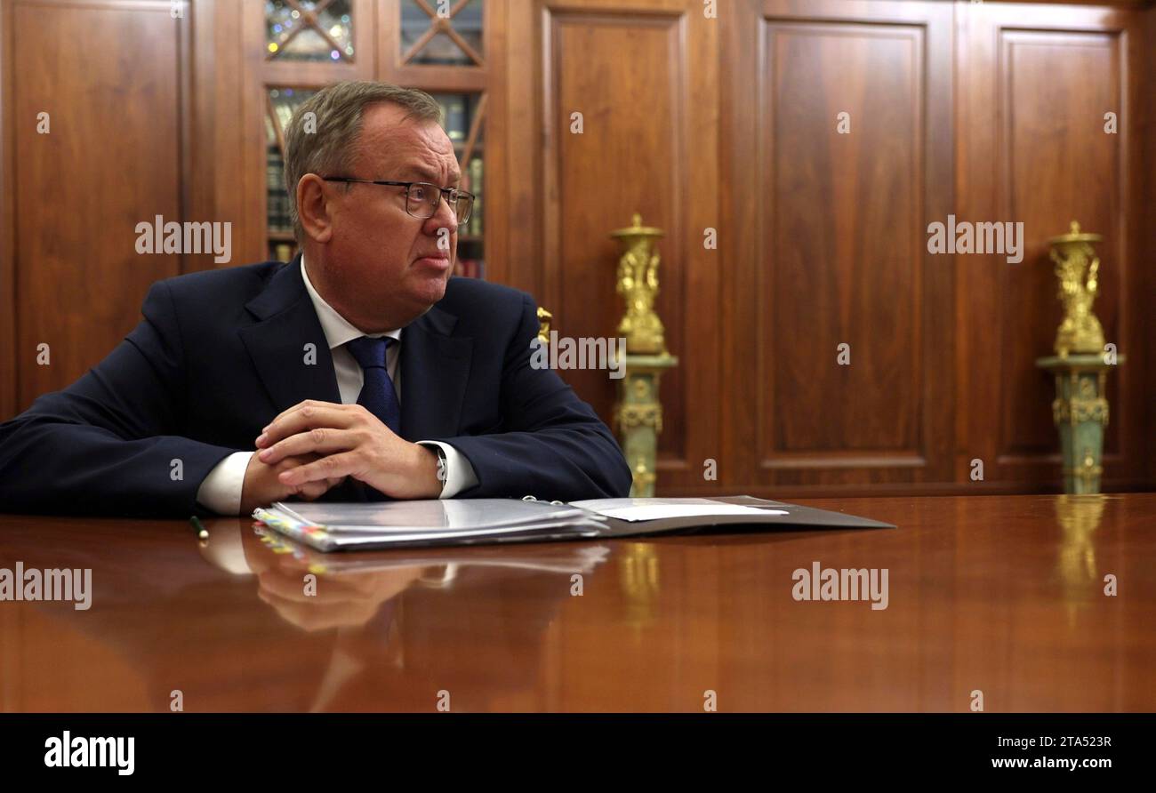 Moscow, Russia. 27th Nov, 2023. Chairman of VTB Bank Management Board Andrei Kostin listens to Russian President Vladimir Putin during a face-to-face working meeting at the Kremlin, November 27, 2023 in Moscow, Russia. Credit: Mikhail Klimentyev/Kremlin Pool/Alamy Live News Stock Photo