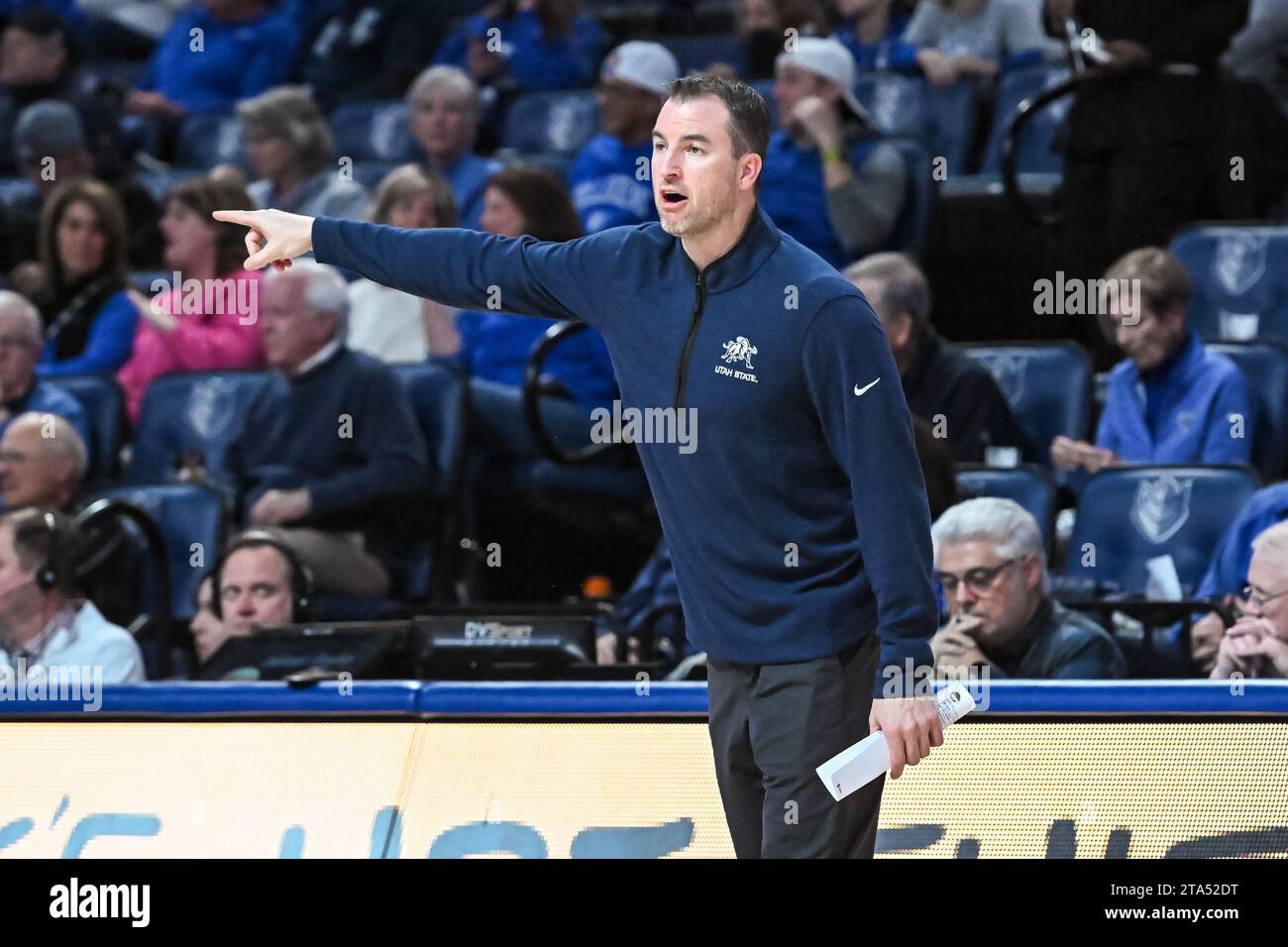 NOVEMBER 28, 2023: Utah State Aggies head coach Danny Sprinkle calls out directions to his team in a regular season game where the Utah State Aggies visited the St. Louis Billikens. Held at Chaifetz Arena in St. Louis, MO on Wednesday November 28, 2023 Richard Ulreich/CSM Stock Photo