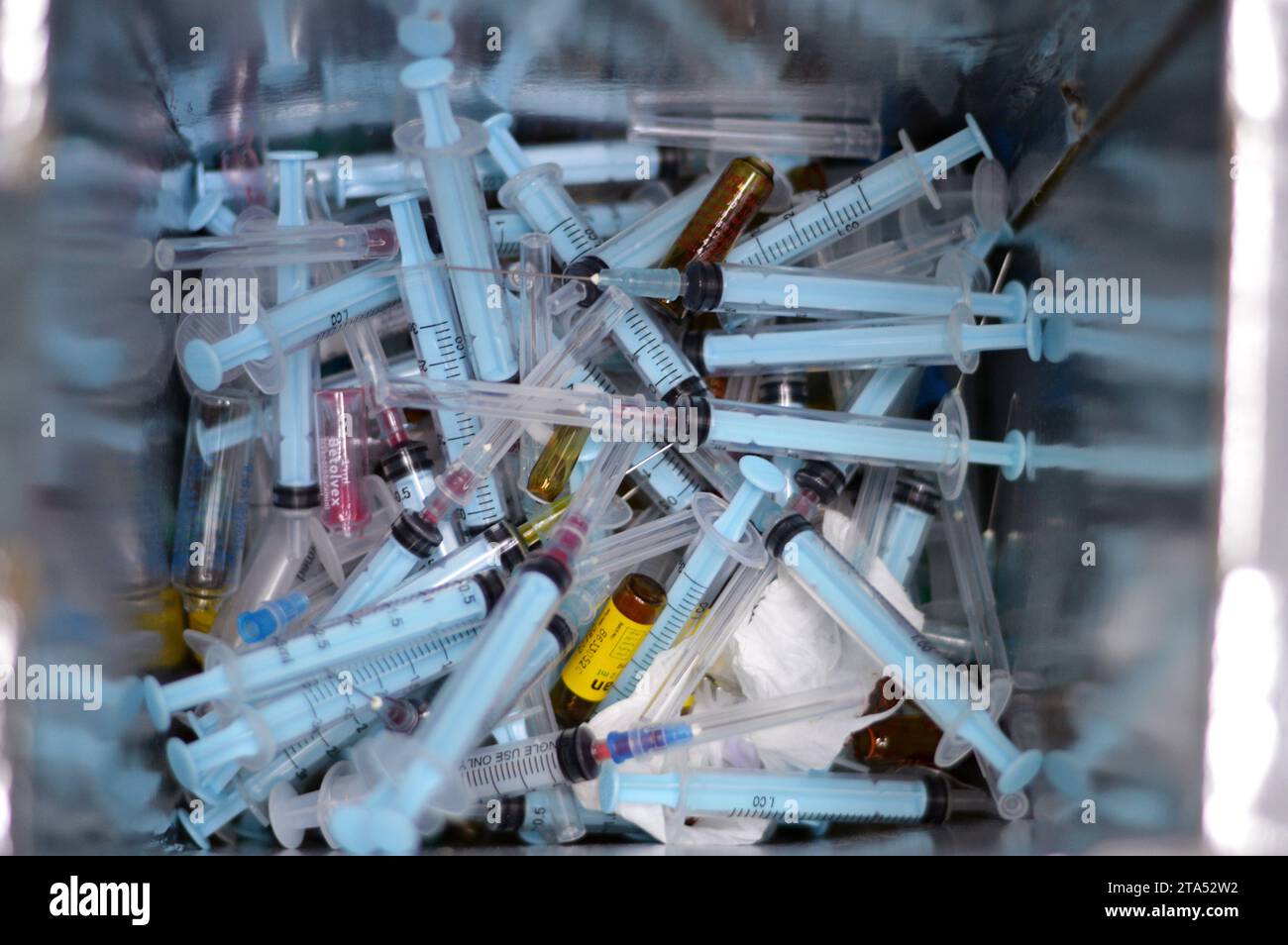 Cairo, Egypt, October 24 2023 medical waste of sharp needles, syringes