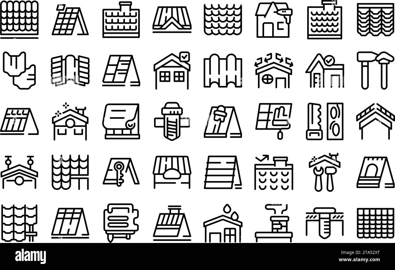 Roofer icons set outline vector. Roof house repair. Worker tile Stock Vector