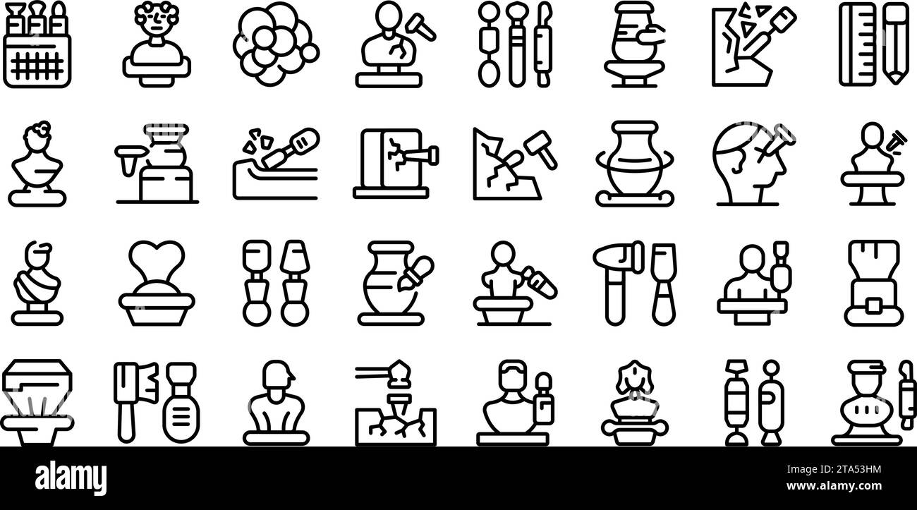 Sculpting icons set outline vector. Carver sculpt male. Creative work ...