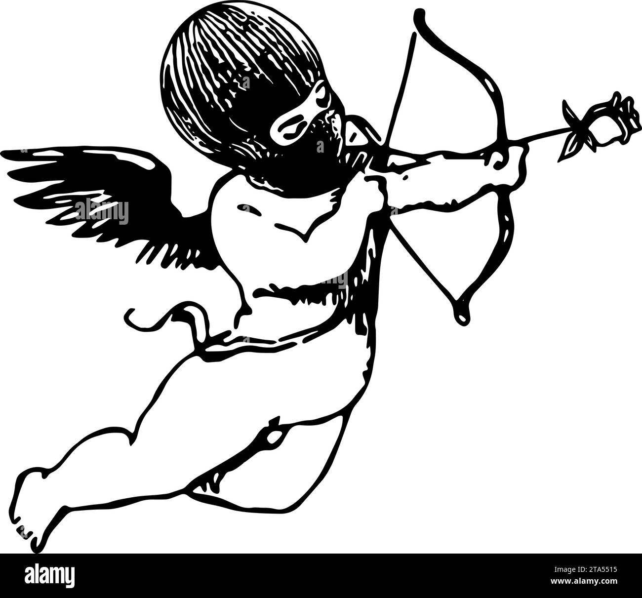 Flying cupid holding a bow and arrow made of a rose with a balaklava illustration hood cherub illustration Stock Vector