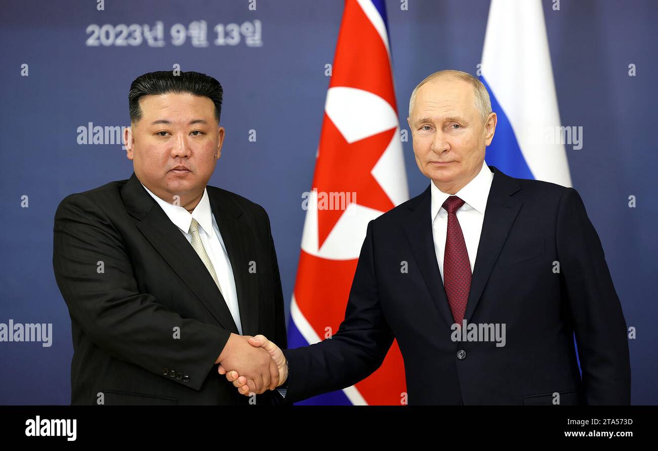 Amur, Russian Federation. 13th Sep, 2023. North Korean Leader Kim Jong-un (L) meets with to Russian President Vladimir Putin (R) during the Russia - North Korea Summit on September 13, 2023, at the Vostochny Cosmodrome in Amur region, Russia. The talks between the two leaders could lead to a weapons deal as North Korean leader Kim Jong Un has offered Russian President Vladimir Putin his country's 'unwavering support' for Russia's 'sacred fight.' Kim said that North Korea will 'always stand with Moscow' in its 'fight against imperialism.' Photo by Kremlin POOL/UPI Credit: UPI/Alamy Live News Stock Photo