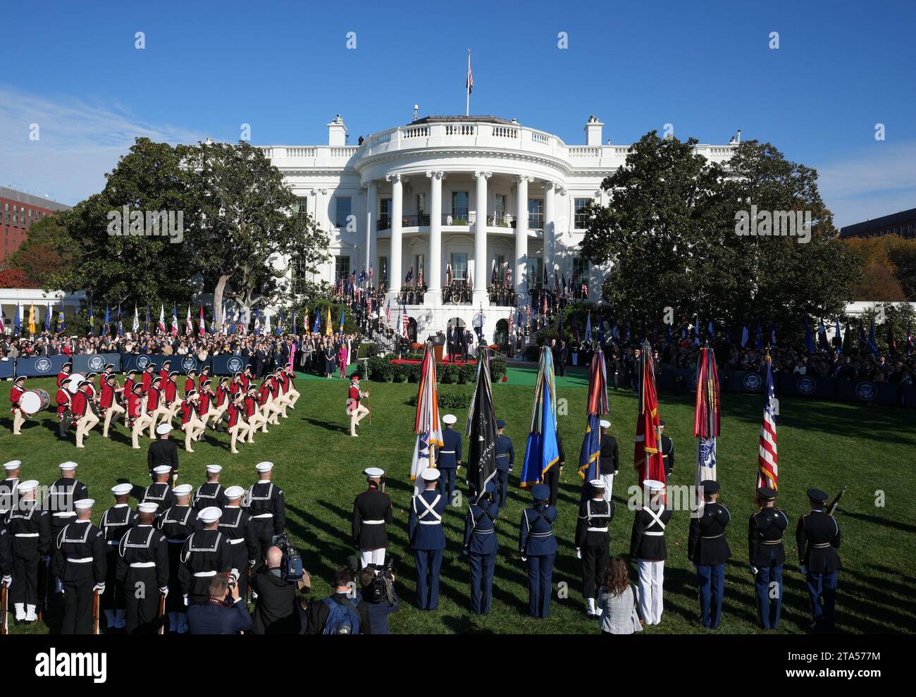 Washington, United States. 25th Oct, 2023. The U.S. Army Old Guard Fife and Drum Corps performs during an arrival ceremony for Australia's Prime Minister Anthony Albanese on the South Lawn of the White House in Washington, DC, on Wednesday, October 25, 2023. Photo by Pat Benic/UPI Credit: UPI/Alamy Live News Stock Photo
