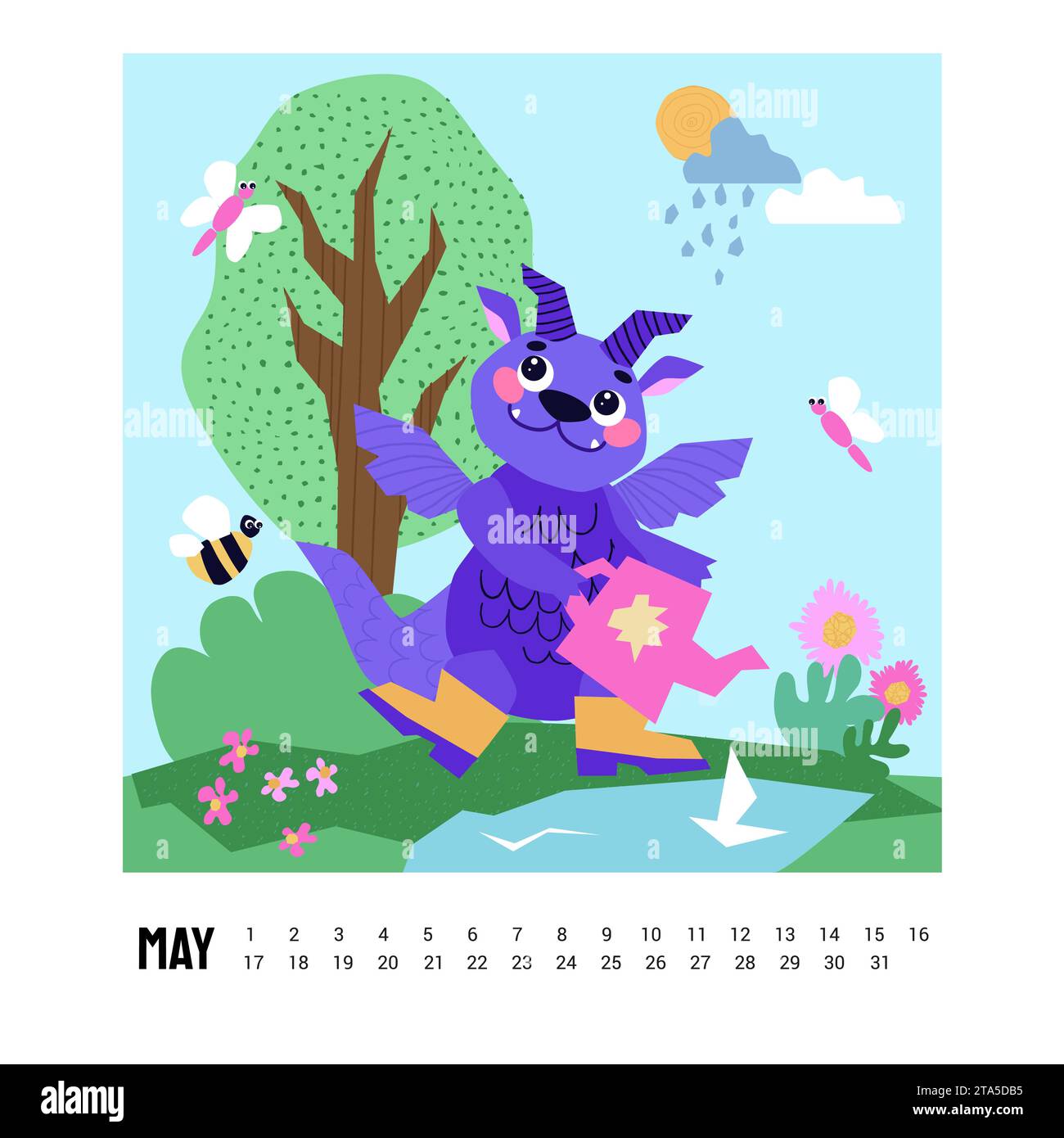 2024 Dragon Calendar. May. The dragon watering flower. Bee, butterfly. Cute Dragon cartoon mascot character. Spring Summer season. Happy New Year of Stock Vector