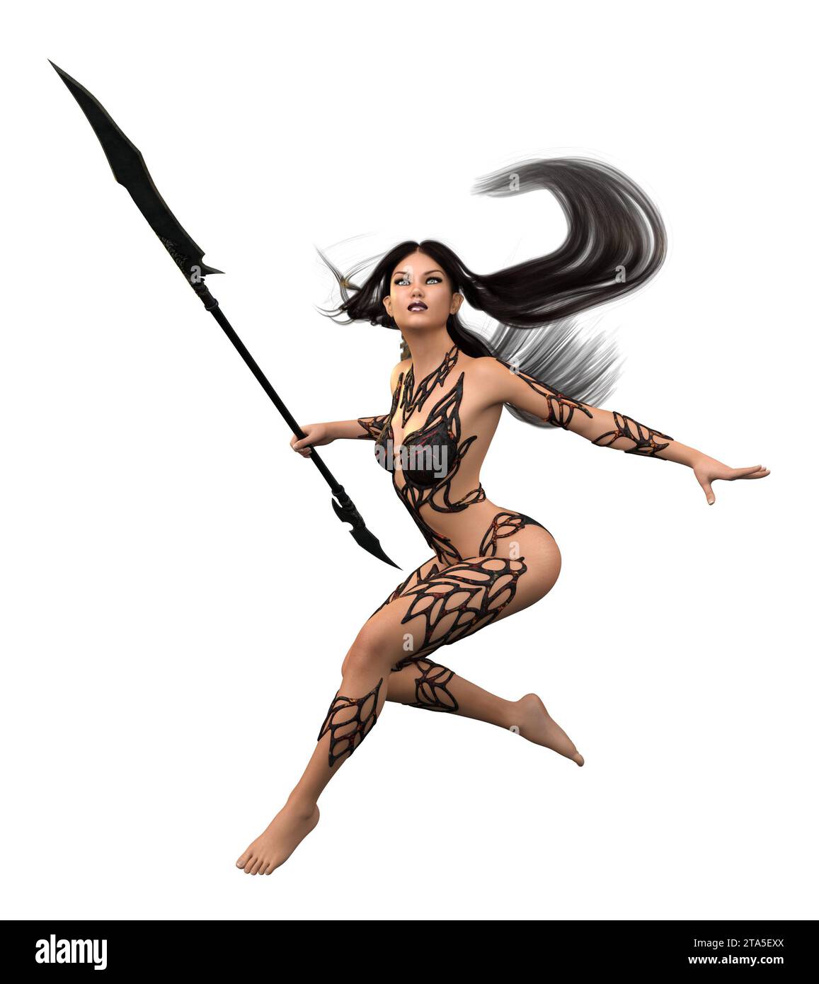 Female fantasy warrior with long black hair, 3D Illustration. Stock Photo