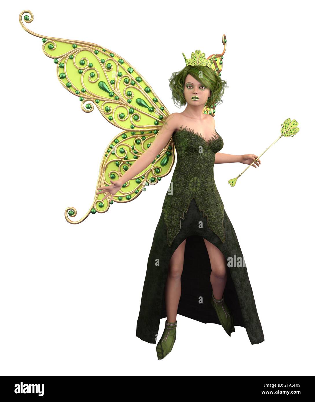 Fantasy fairy queen in green outfit with wings and crown, 3D Illustration. Stock Photo