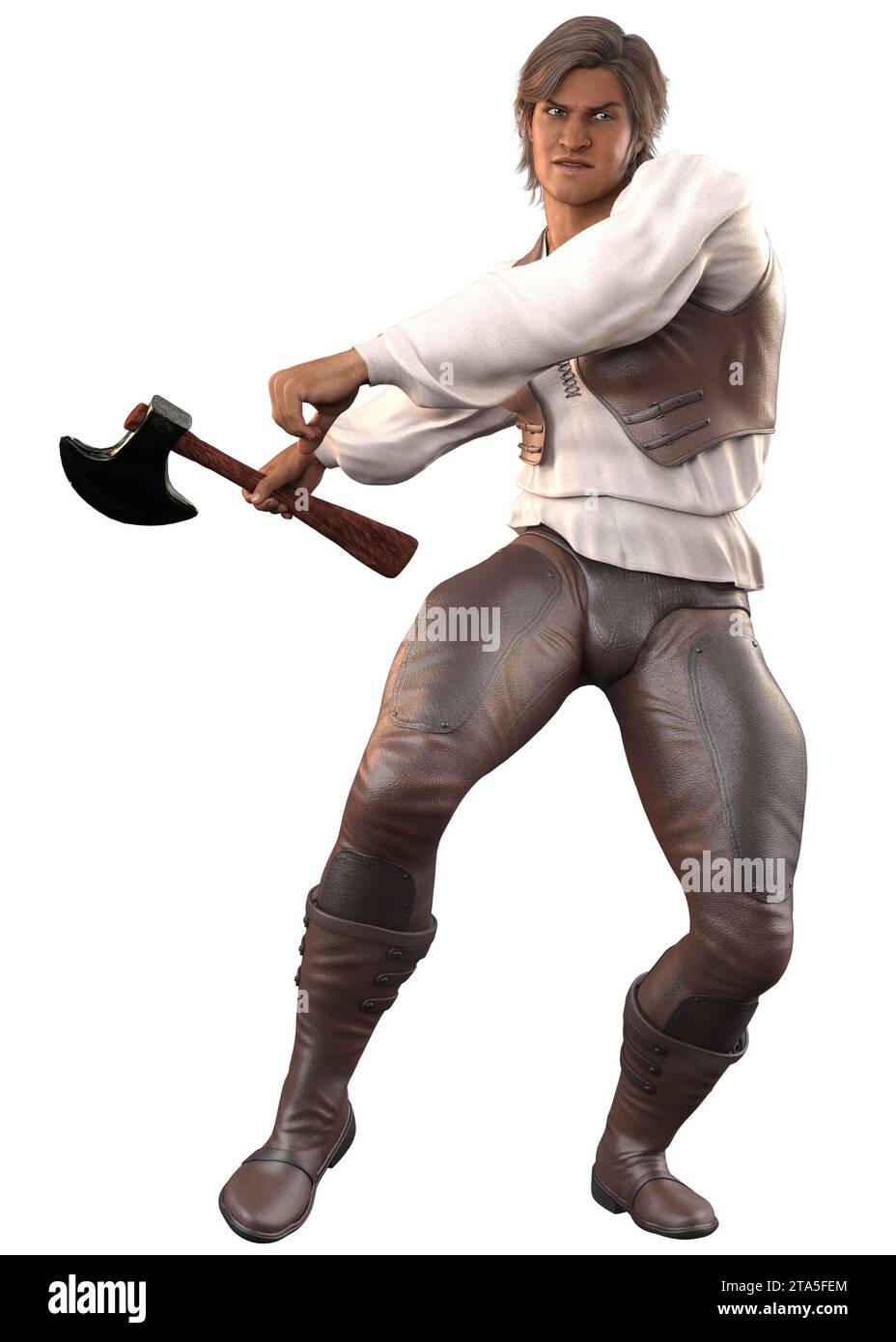 Man wears medieval lumberjack outfit with axe, 3D Illustration. Stock Photo