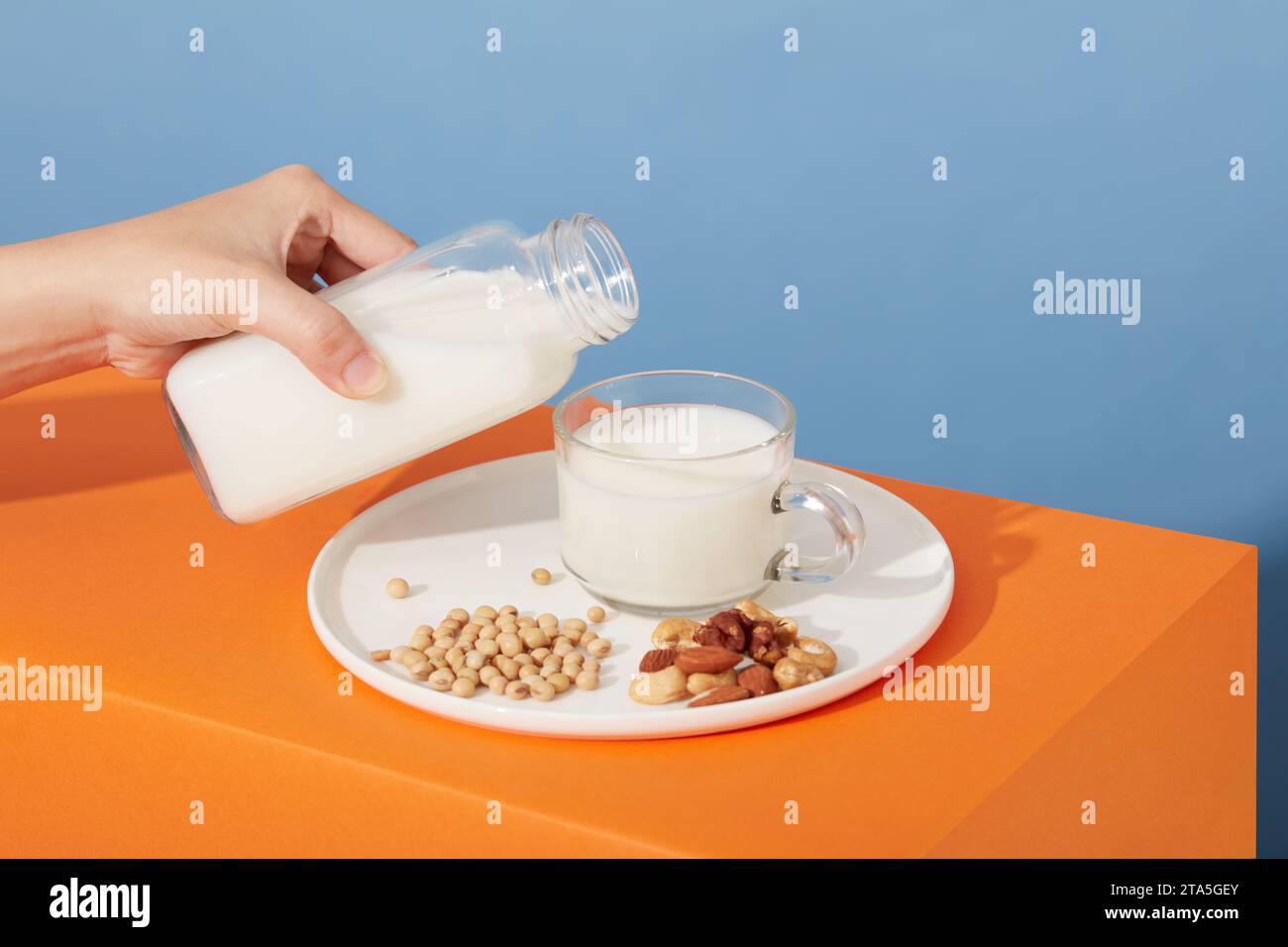 A dish in round shaped containing soybeans, almonds and cashew nuts