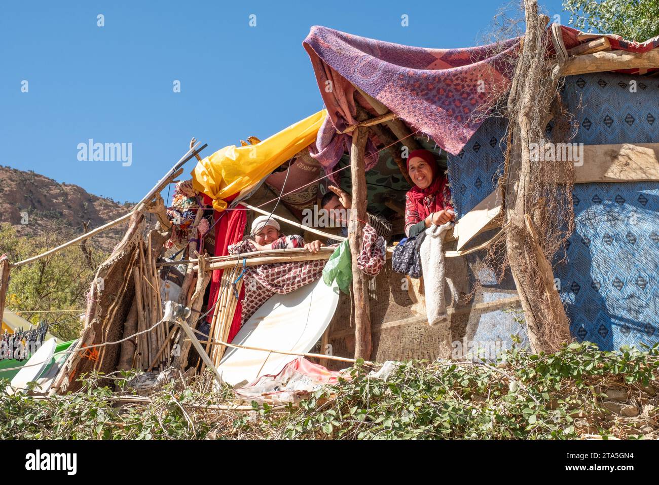 Villagers in a makeshift shelter in Tiguerte, Atlas Mountains, Morocco, following 8th September's earthquake 2023 Stock Photo