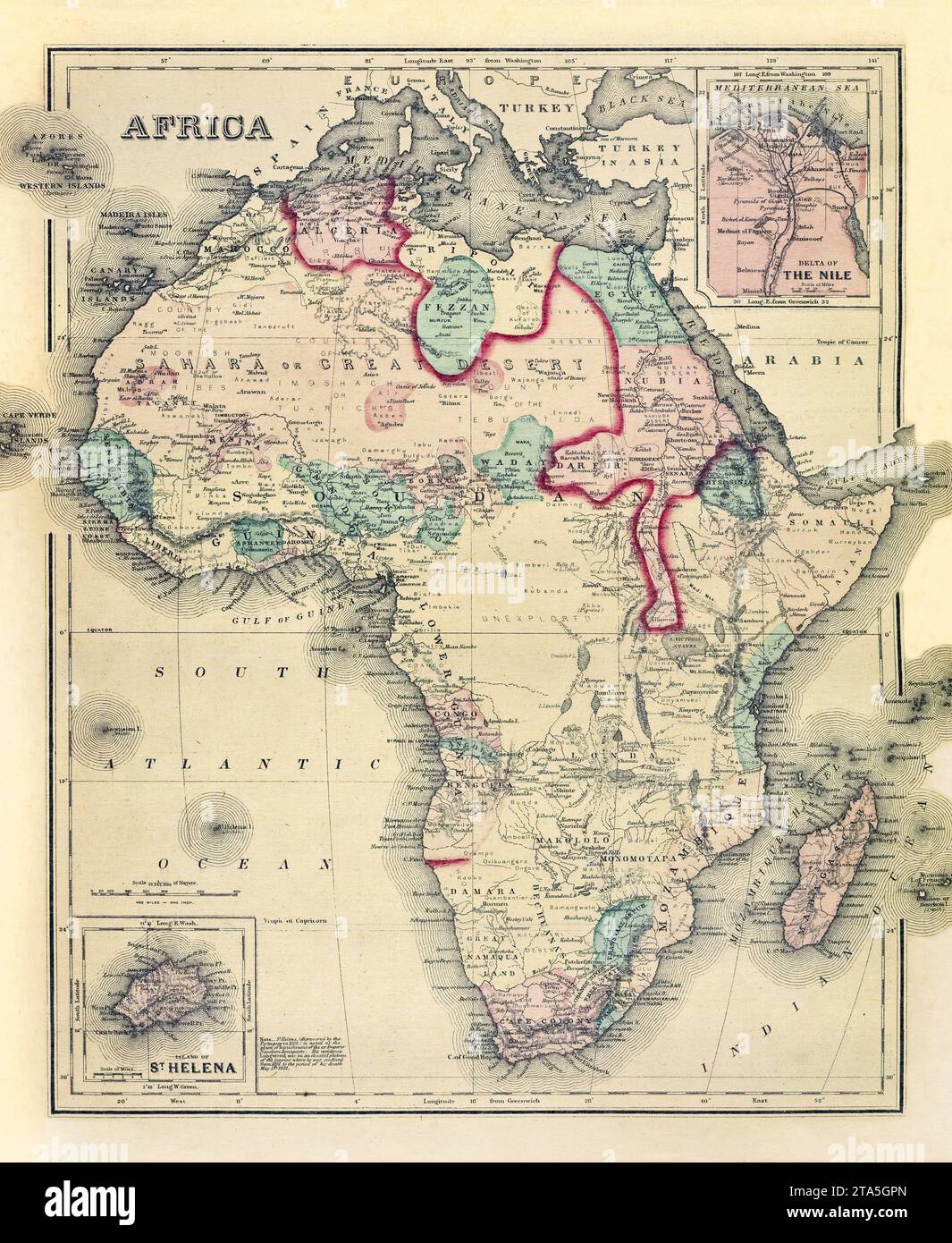 Old map of Africa with St. Helena and Delta of  Nile insert maps. By Gray and Davis, publ. in Philadelphia, 1814 Stock Photo