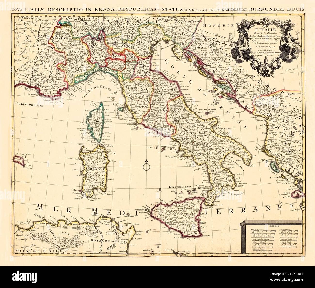 Old map of Italy. By L'Isle, publ. in 1733 Stock Photo
