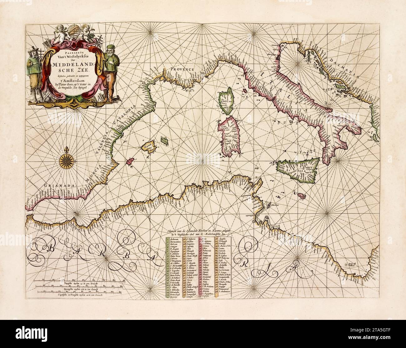 Western Mediterranean old map. By Goos, publ. in Amsterdam, 1672 Stock Photo