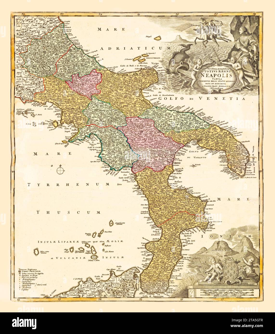 Old map of the Kingdom of Naples, Italy. By Homann, publ. in Nuremberg, ca. 1760 Stock Photo