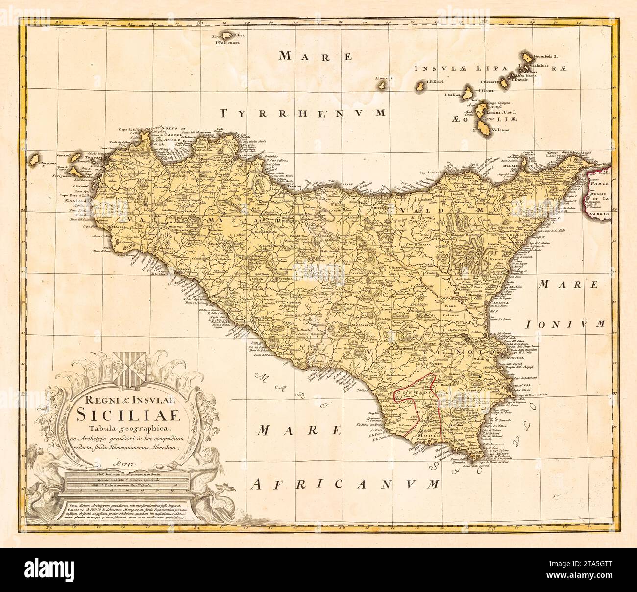 Old map of Sicily. By Homann, publ. in Nuremberg, 1747 Stock Photo
