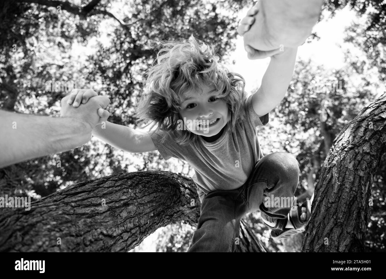 Father helping son. Fathers hand and helping son to climb tree. Child protection. Stock Photo