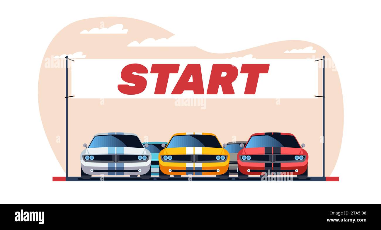 Race cars are standing in front of race at start line. Colorful sport racing championship. Professional driving sport competition. High speed Stock Vector