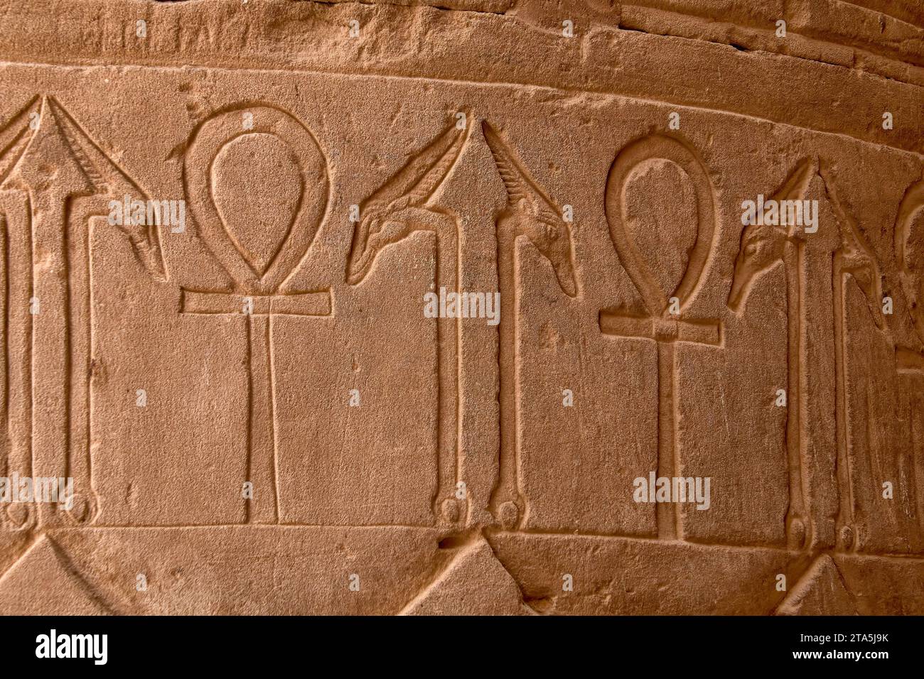 The Egyptian hieroglyphs carved into the stone on the walls of the Edfu temple in Egypt. Stock Photo