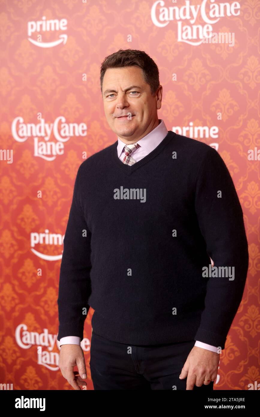 Los Angeles, United States. 28th Nov, 2023. Cast member Nick Offerman attends the world premiere of Amazon Prime Video's 'Candy Cane Lane' at Regency Village Theatre in Los Angeles, California on November 28, 2023. Storyline: A man is determined to win the neighborhood's annual Christmas decorating contest. He makes a pact with an elf to help him win--and the elf casts a spell that brings the 12 days of Christmas to life, which brings unexpected chaos to town. Photo by Greg Grudt/UPI Credit: UPI/Alamy Live News Stock Photo