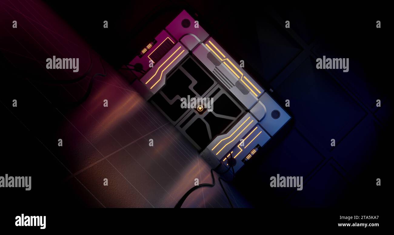 Cables on floor of dark futuristic industrial corridor with high tech