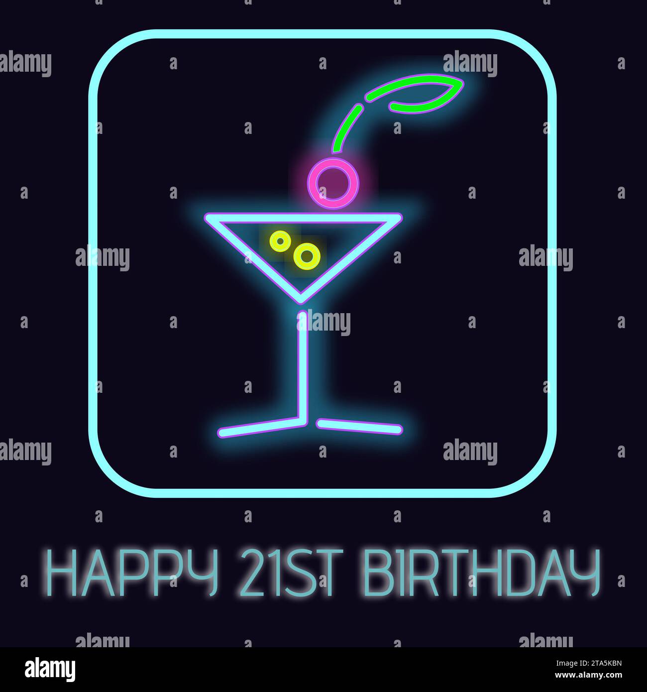 Composite of happy 21st birthday text over neon cocktail on black background Stock Photo