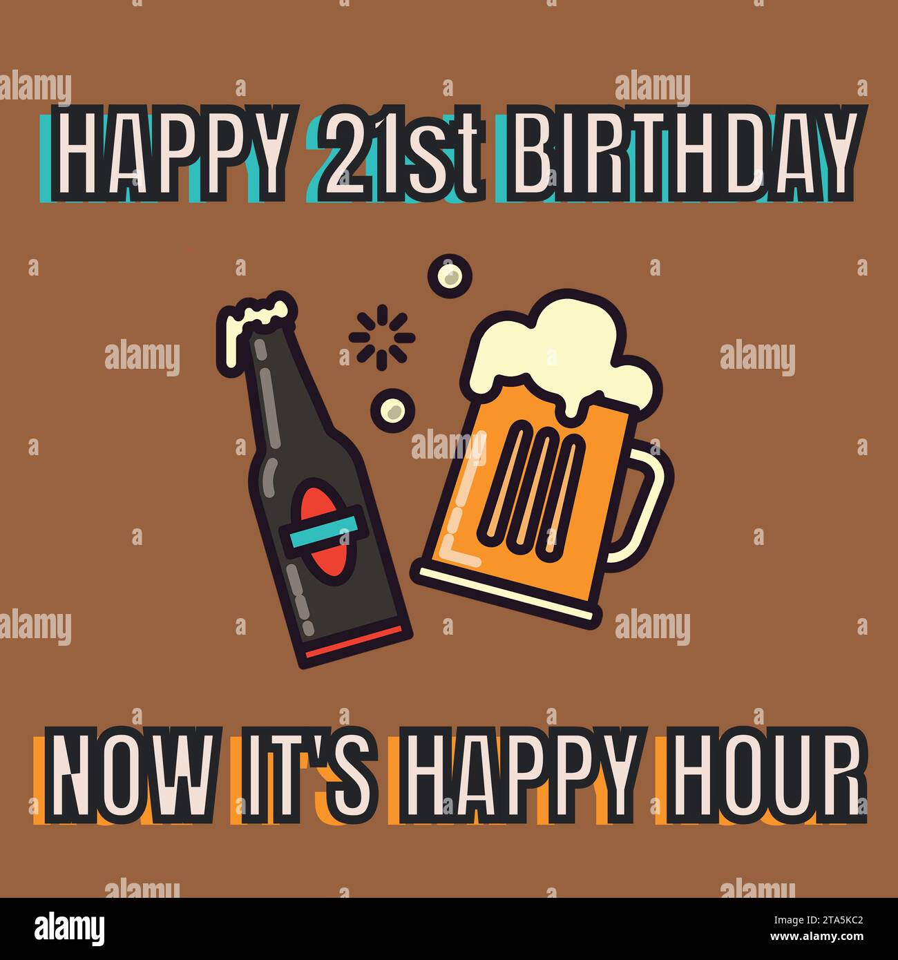 Composite of happy 21st birthday text over beer glass and bottle on brown background Stock Photo