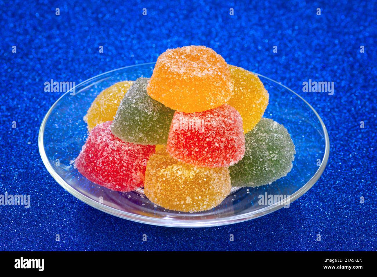 Fruit Marmalade With Sugar Coating. Colorful Jelly Candy On Glass Plate. Yummy Dessert Confectionery. Stock Photo