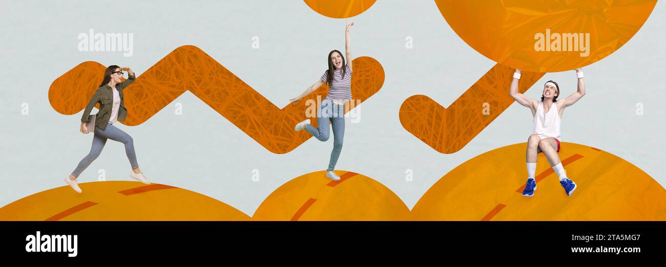 Photo collage artwork of funny excited people trying achieving success ...