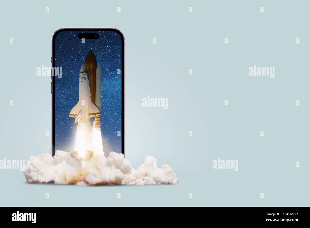 Space rocket overflow lift off from smartphone with cloud of smoke ...