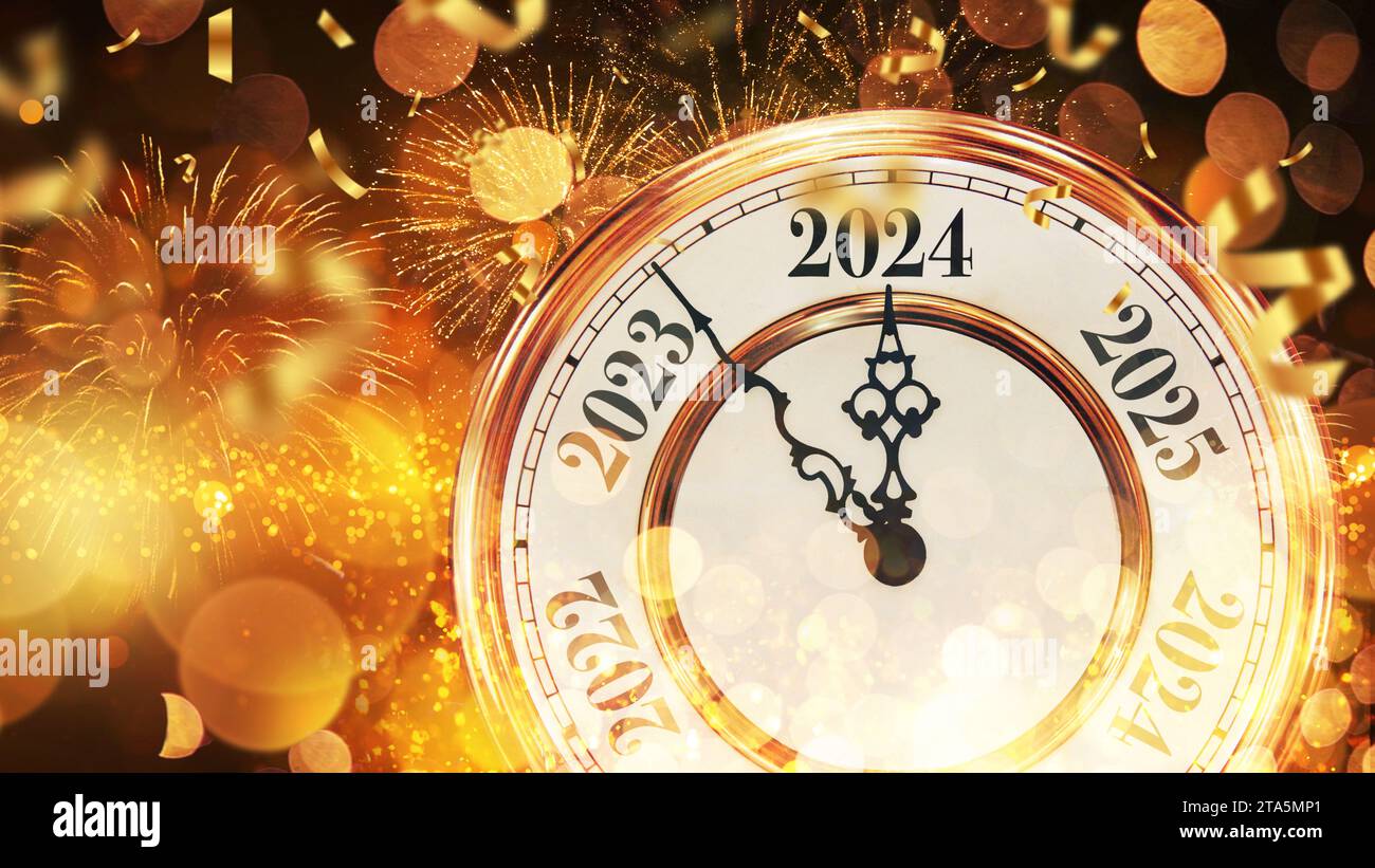 Vintage gold clock New Year 2024 with confetti, golden bokeh lights and fireworks. New Year 2024 card, creative idea. Stock Photo
