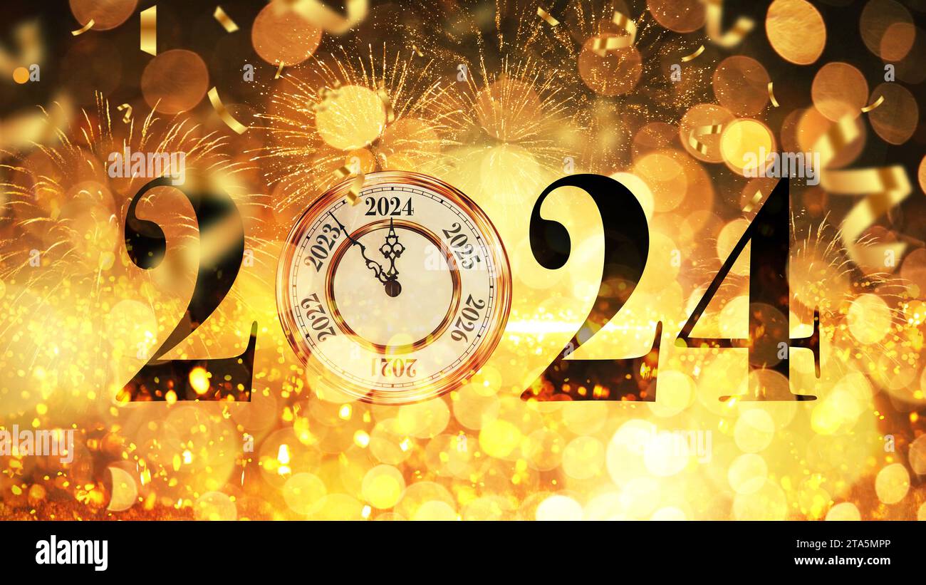 New Year 2024 with golden bokeh lights, fireworks and confetti, concept. Vintage clock points to 2024, creative idea. Stock Photo