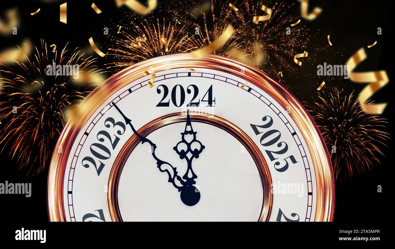 Vintage golden clock points to 2024 new year with confetti and fireworks. New Year card, concept. Christmas, creative idea Stock Photo