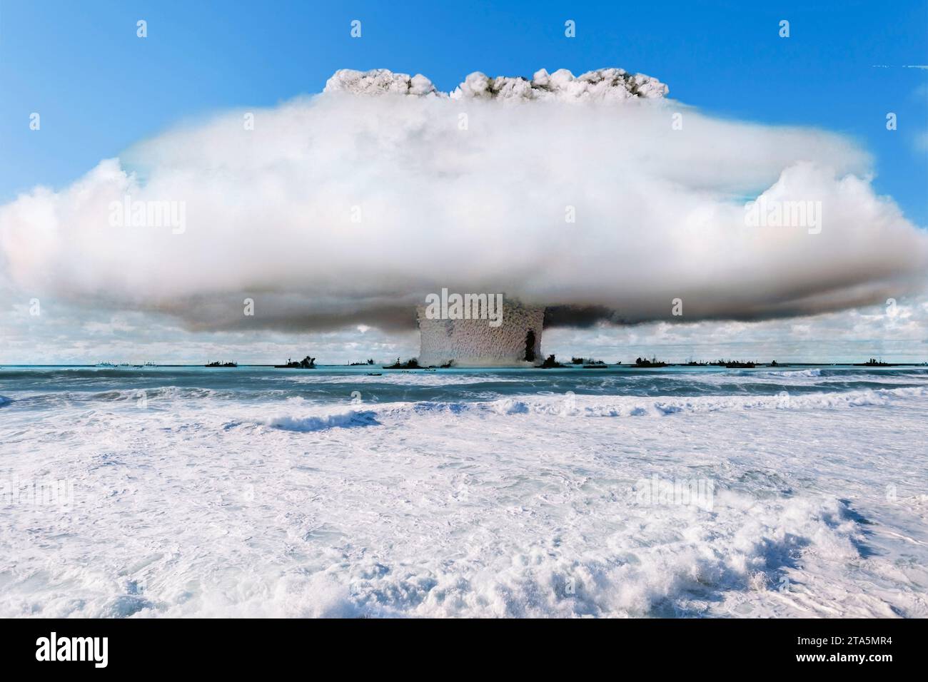 Nuclear explosion testing a hydrogen bomb at sea in water with a wave