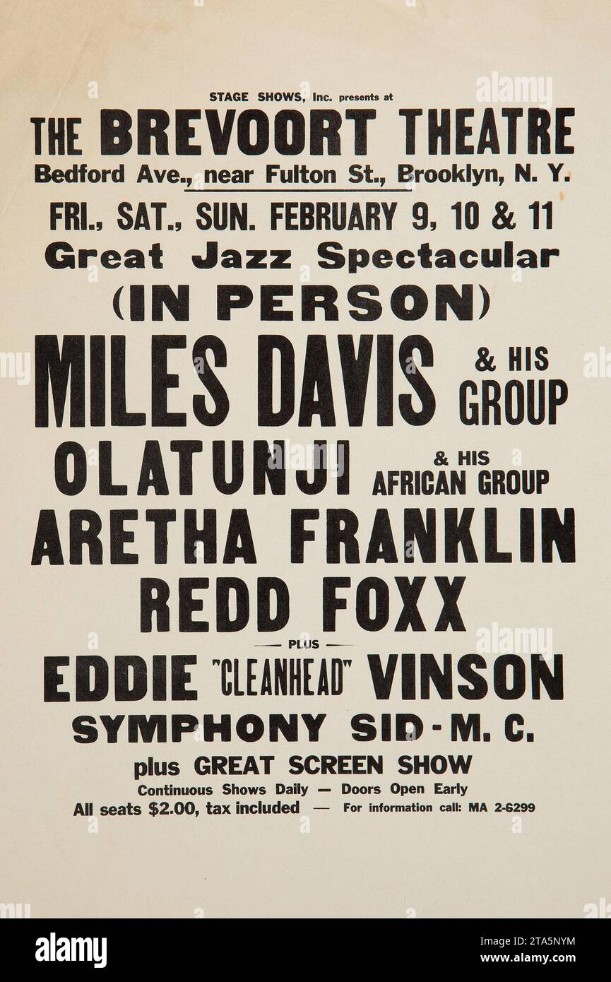 Miles Davis - Aretha Franklin - Redd Foxx 1962 Brooklyn, New York Concert Handbill. A vintage paper flyer for a 'Great Jazz Spectacular' Stock Photo
