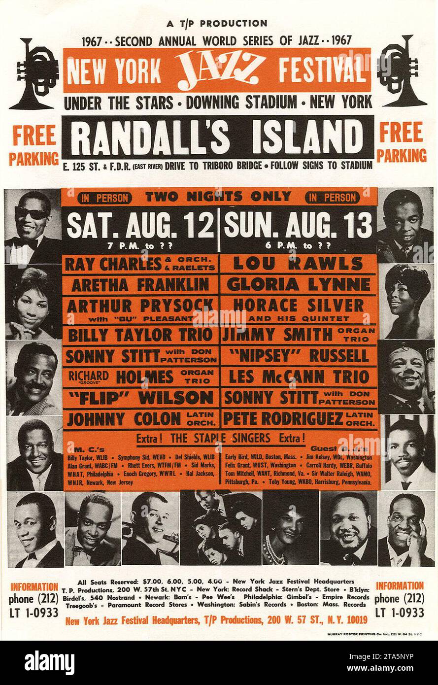 RANDALLS ISLAND - Ray Charles, Aretha Franklin New York Jazz Festival handbill - flyer - 1967 Stock Photo