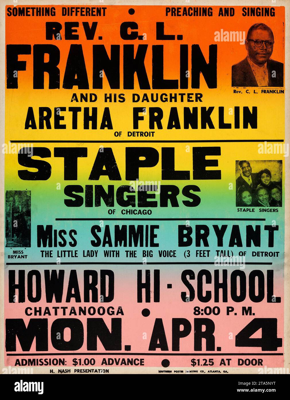 Rev. C.L. Franklin and his daughter Aretha Franklin, Staple Singers, Miss Sammie Bryant - Howard Hi School Concert Poster (1960) Stock Photo