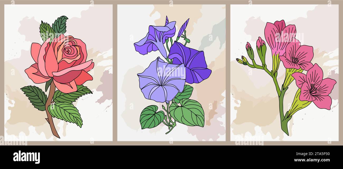 Set of birth month flower vector art posters. Stock Vector