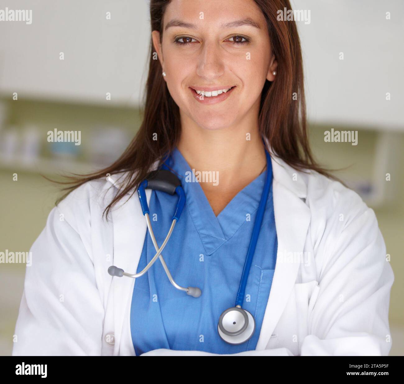 Happy woman, portrait and veterinarian doctor at clinic for animal care, shelter or health service. Face of female person, nurse or medical pet Stock Photo