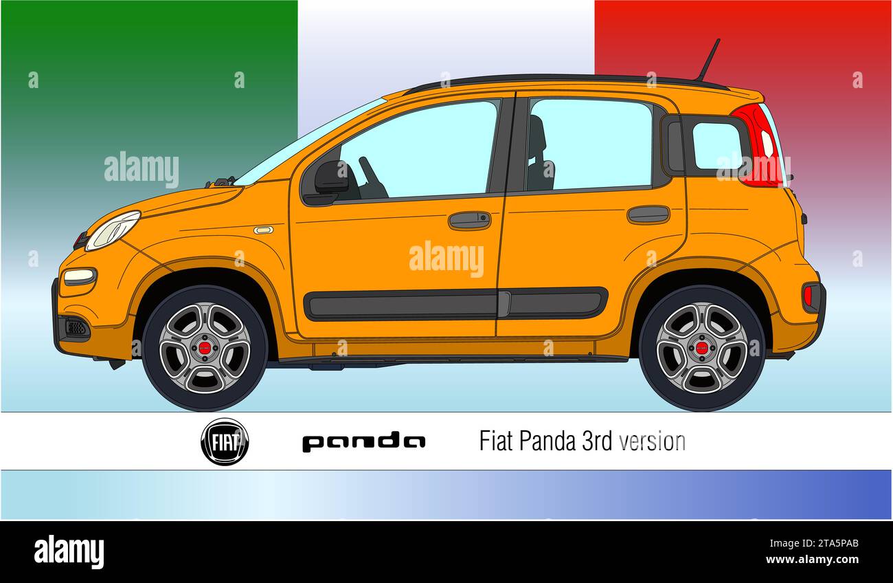 Italy, year 2012, new model Fiat Panda third version 2012 silhouette, popular italian car, coloured illustration on the italian flag Stock Photo